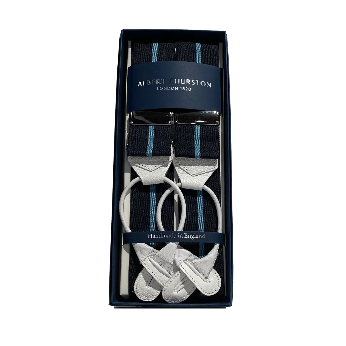 Hosenträger aus marineblauem, hellblau gestreiftem, weißem Leder