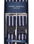 Albert Thurston - Bretels Navy Wit Dubbele Streep Zwarte Leertjes, Bretels | NEW TAILOR Webshop
